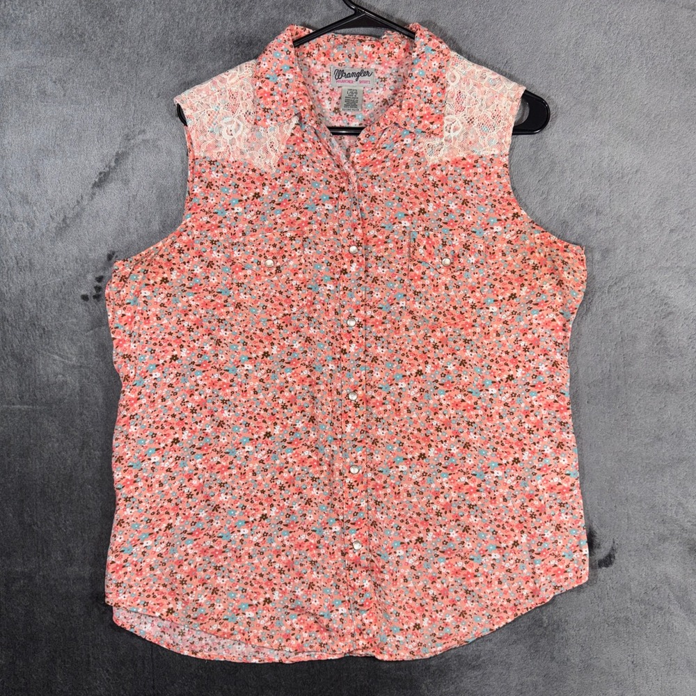 Wrangler Wrancher Womens Large Pink Floral Lace Yoke Sleeveless Western Shirt